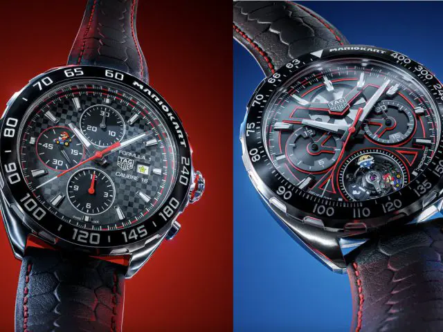 Afbeelding naast elkaar van twee luxe TAG Heuer Mario Kart-horloges met gedetailleerde randen en wijzerplaten, tegen contrasterende rode en blauwe achtergronden.