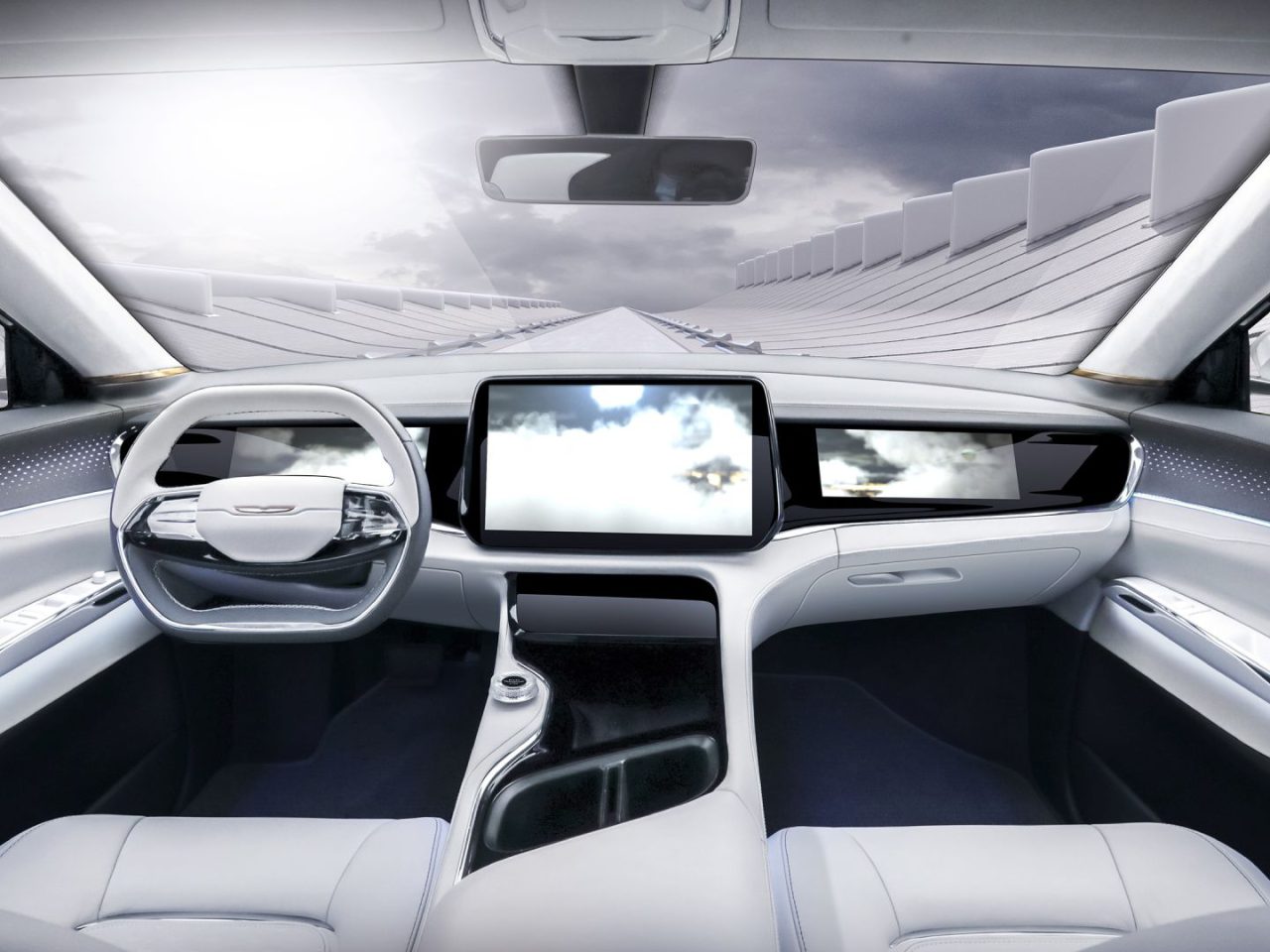 Futuristisch auto-interieur met twee stoelen, een groot centraal touchscreen en een strak dashboardontwerp. De voorruit toont een weergave van een moderne, gebogen architectonische structuur onder een gedeeltelijk bewolkte hemel, wat de mogelijkheden van autonoom rijden benadrukt.