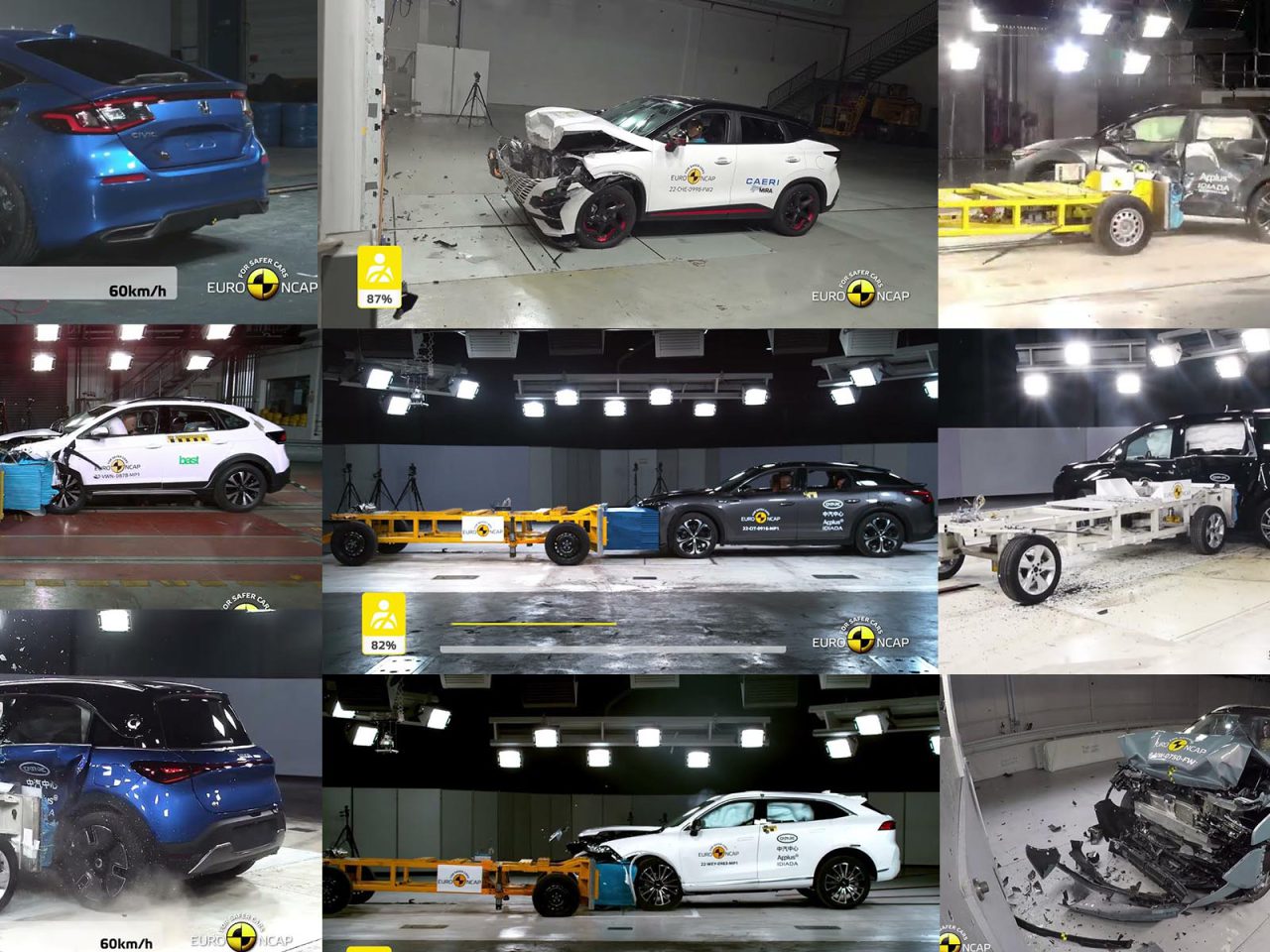 Een collage van crashtestbeelden toont verschillende auto's, waaronder modellen uit China, in verschillende stadia van frontale en zijdelingse botsingstests, met zichtbare crashtestdummy's en ernstige voertuigschade.