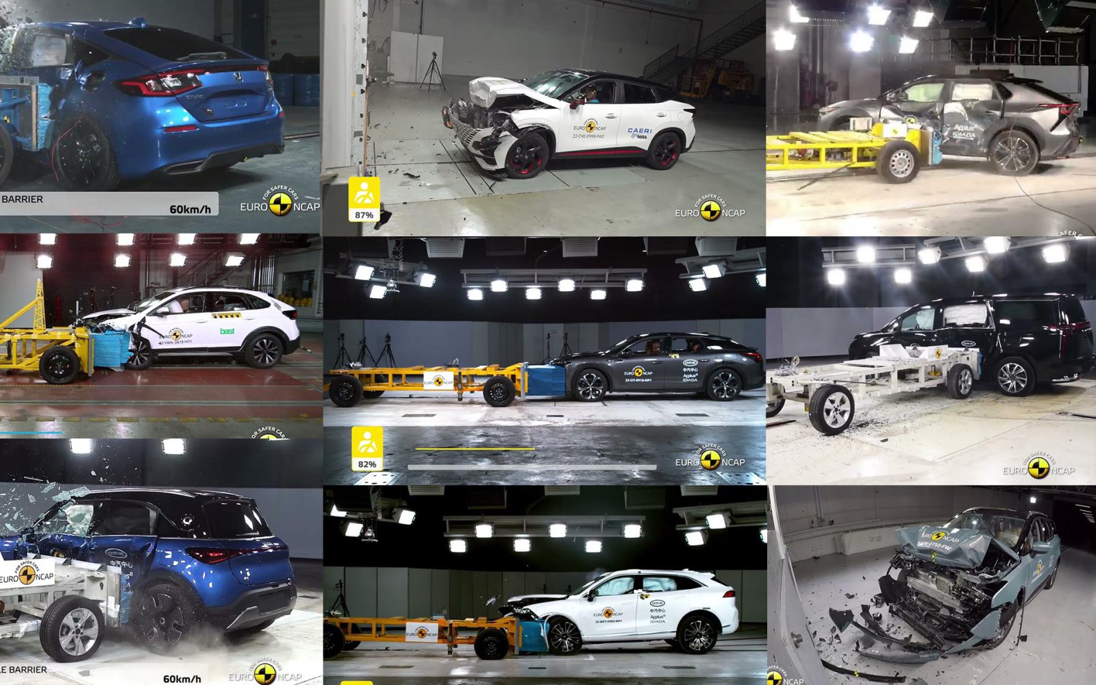 Een collage van crashtestbeelden toont verschillende auto's, waaronder modellen uit China, in verschillende stadia van frontale en zijdelingse botsingstests, met zichtbare crashtestdummy's en ernstige voertuigschade.