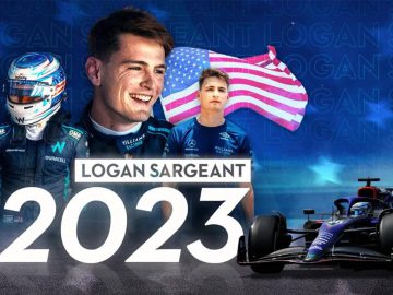 Collage met Logan Sargeant met zijn raceauto, de Amerikaanse vlag en de tekst "2023".