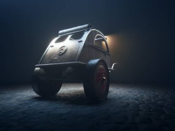 Futuristische, artistieke weergave van een klein, houten driewielig voertuig met een Citroën-logo, van achteren verlicht in een slecht verlichte omgeving. Dit grillige ontwerp voelt alsof het thuishoort in de wereld van Asterix.