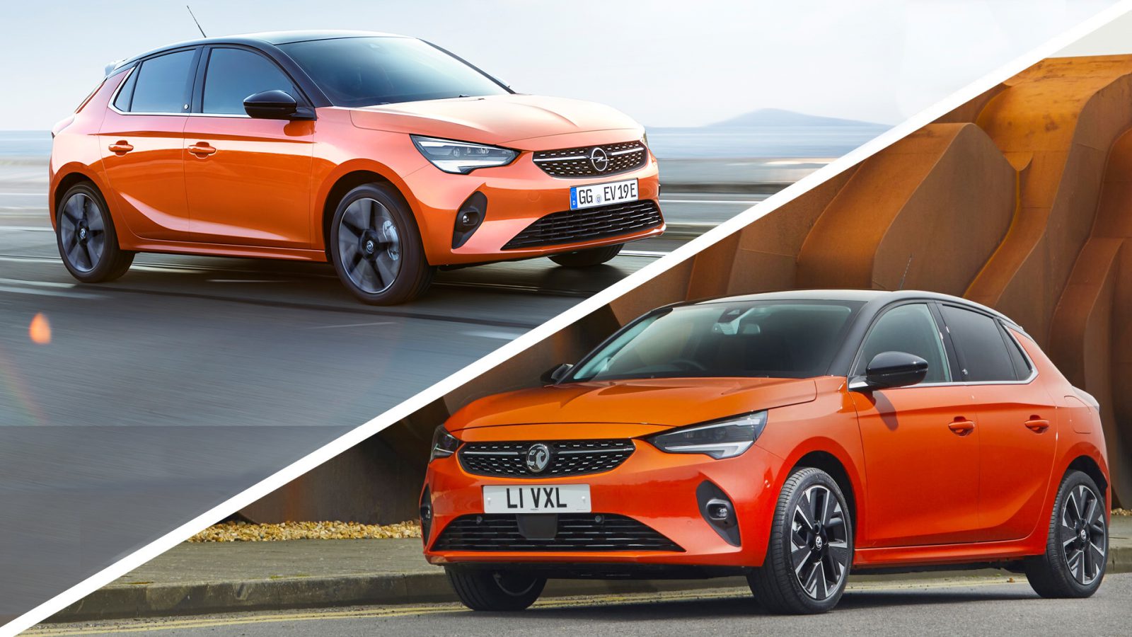 Gesplitste afbeelding van twee oranje Opel-hatchbacks. De bovenste auto staat op een weg met kustlandschap; de onderste auto staat geparkeerd voor een modern, abstract bouwwerk.
