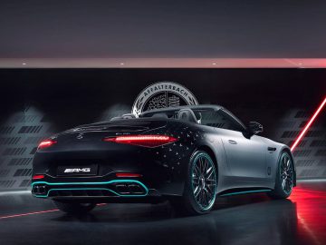 Achteraanzicht van een converteerbare Mercedes-Benz AMG-sportwagen met een donkere, moderne achtergrond, met zijn strakke ontwerp, dubbele uitlaat en stijlvolle Mercedes-achterlichten.