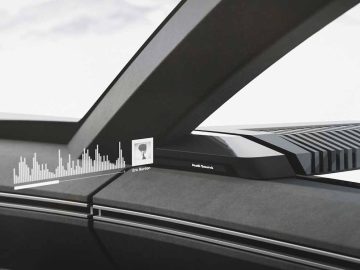 Close-up van het interieur van een auto met een strak, modern dashboard met een geïntegreerd audiogolfvormdisplay en een geavanceerd luidsprekersysteem, dat het innovatieve Audi Activesphere Concept belichaamt. De achtergrond is een besneeuwd landschap, zichtbaar door de voorruit.