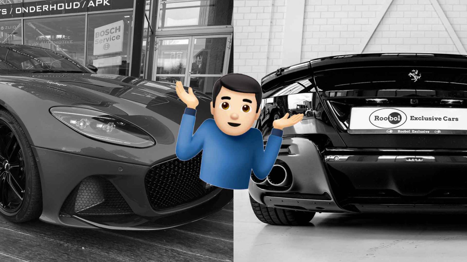 Een gespleten afbeelding van twee sportwagens met in het midden een emoji van een persoon die zijn schouders ophaalt. Links: vooraanzicht van een grijze auto; Rechts: achteraanzicht van een zwarte Ferrari met de kofferbak open.