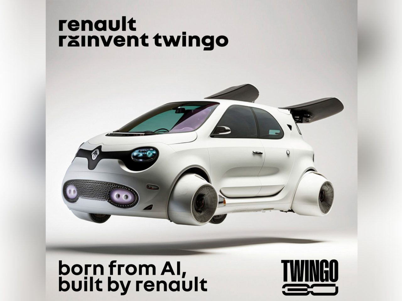 Futuristische Renault Twingo-auto met unieke, door AI ontworpen kenmerken en zwevende wielen. De tekst luidt: "Renault vindt Twingo opnieuw uit", "geboren uit AI, gebouwd door Renault.