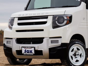 Vooraanzicht van een witte Hondafunder-bestelwagen geparkeerd op een zanderig terrein, met een rechthoekige grille, ronde koplampen en een 'vos'-kentekenplaat.