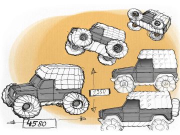 Vijf schetsen van een terreinwagen met grote banden, met het opschrift Project Mondo G, worden vanuit verschillende hoeken en posities getoond, met handgetekende pijlen, afmetingen (4580 en 2950) en een beige achtergrond.