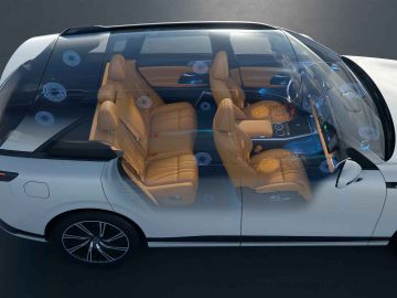 Bovenaanzicht van een XPENG G9 met een transparant dak, waar lichtbruine leren stoelen zichtbaar zijn en een luidsprekersysteem in de auto dat geluidsgolven uitzendt, ter illustratie van het interieur en de audio-opstelling van het voertuig.