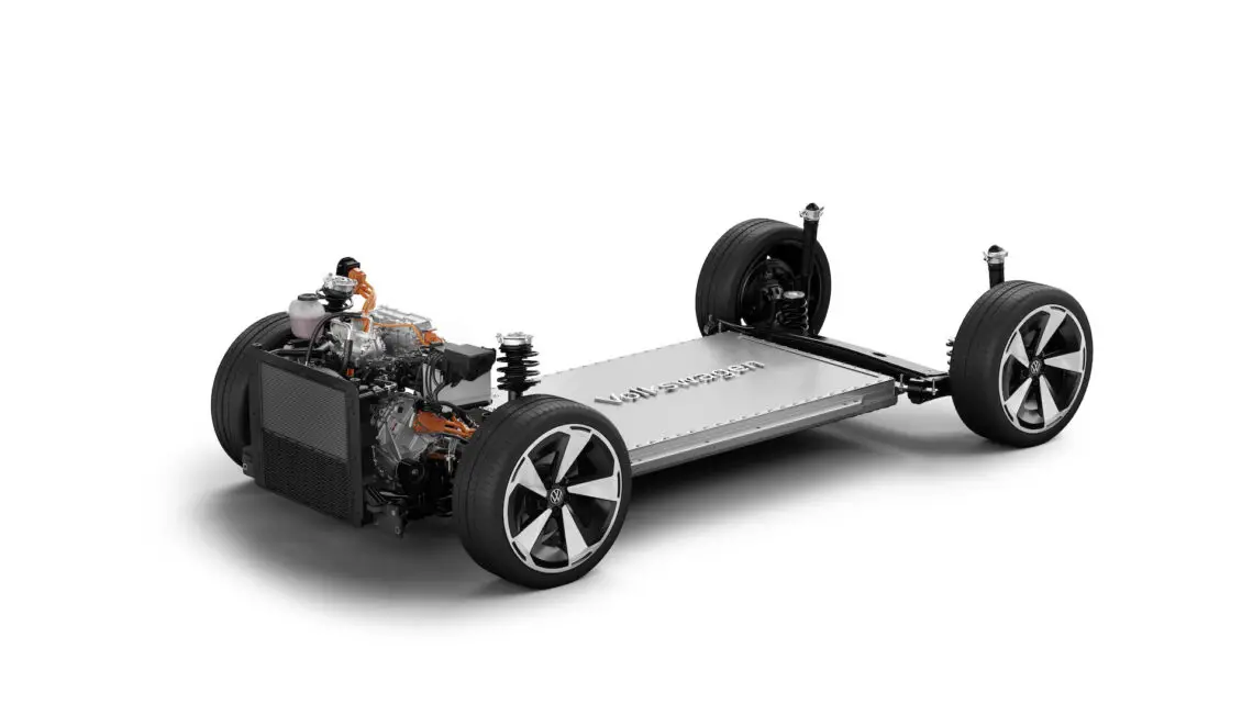 Image of a Volkswagen ID.2all platform chassis showing the EV battery, engine and wheelbase without the vehicle body.