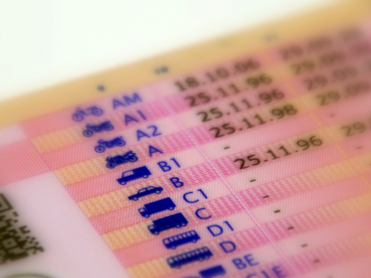 Close-up van een rijbewijs met verschillende voertuigcategorieën en bijbehorende data. De categorieën omvatten motorfietsen, auto's, vrachtwagens en bussen, met datums gemarkeerd om in aanmerking te komen.