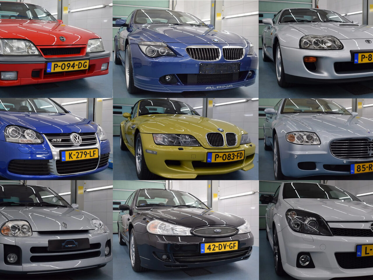 Een raster van negen afbeeldingen toont een gevarieerde autocollectie van auto's in verschillende kleuren, elk voorzien van duidelijke Nederlandse kentekenplaten. Merken als Peugeot, BMW, Toyota, Volkswagen, Chrysler en Opel zijn prominent aanwezig. Deze opmerkelijke collectie weerspiegelt de nauwgezette zorg die synoniem is met Stipt Polish Point.