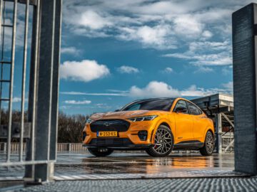 Een feloranje Ford SUV staat geparkeerd op een natte stoep onder een gedeeltelijk bewolkte hemel, gezien door een metalen hek. Het voertuig heeft een Europees kenteken en een modern design.
