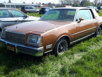 Een bruine vintage Buick Regal staat geparkeerd op een grasveld tussen andere voertuigen, met gebouwen en bomen op de achtergrond.