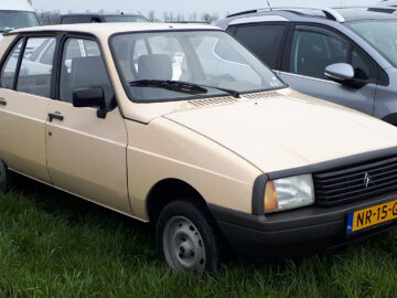 Op een grasveld staat tussen andere voertuigen een beige Citroën Visa geparkeerd, met op het gele kenteken het kenteken NR-15-GB.