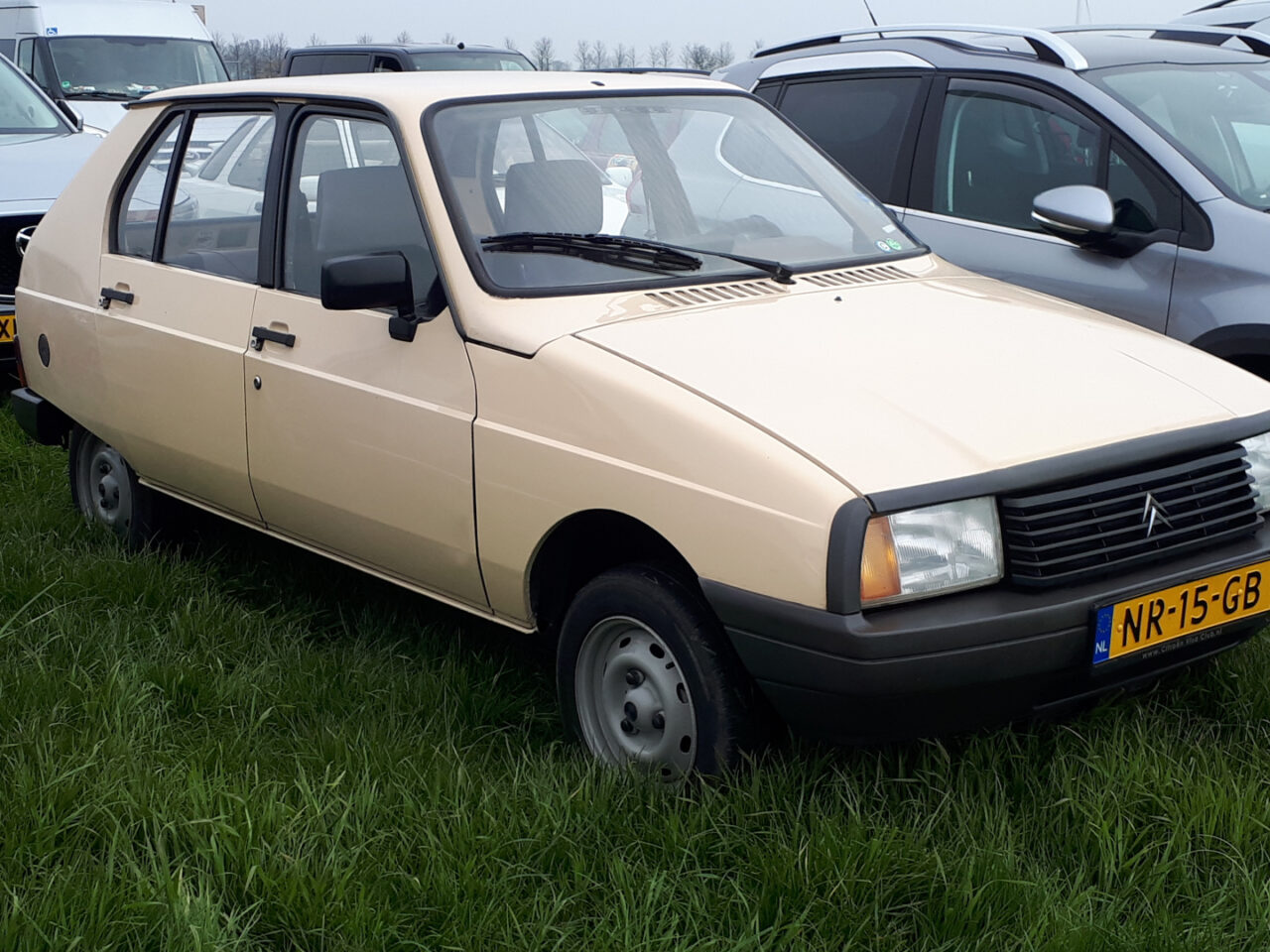Een beige Citroën Visa met geel kenteken staat op het gras geparkeerd, omringd door andere voertuigen.