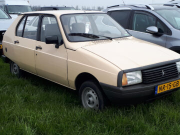 Een beige Citroën Visa met geel kenteken staat op het gras geparkeerd, omringd door andere voertuigen.