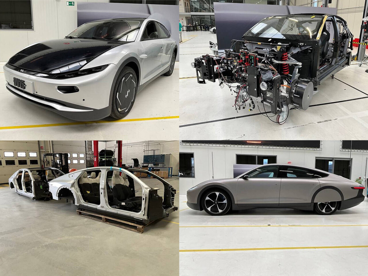 Een collage van vier afbeeldingen die verschillende stadia van de assemblage van elektrische voertuigen van Lightyear laten zien, waaronder een voltooide auto, een gedeeltelijk gemonteerd frame, een gedemonteerde eenheid en een carrosseriestructuur in een werkplaats.
