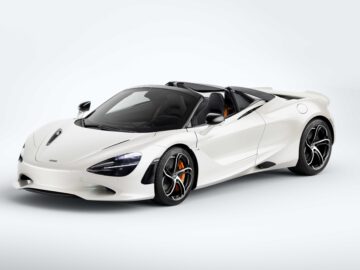 Een strakke, witte McLaren 750S luxe sportwagen met een cabriodak en een aerodynamisch ontwerp op een witte achtergrond.