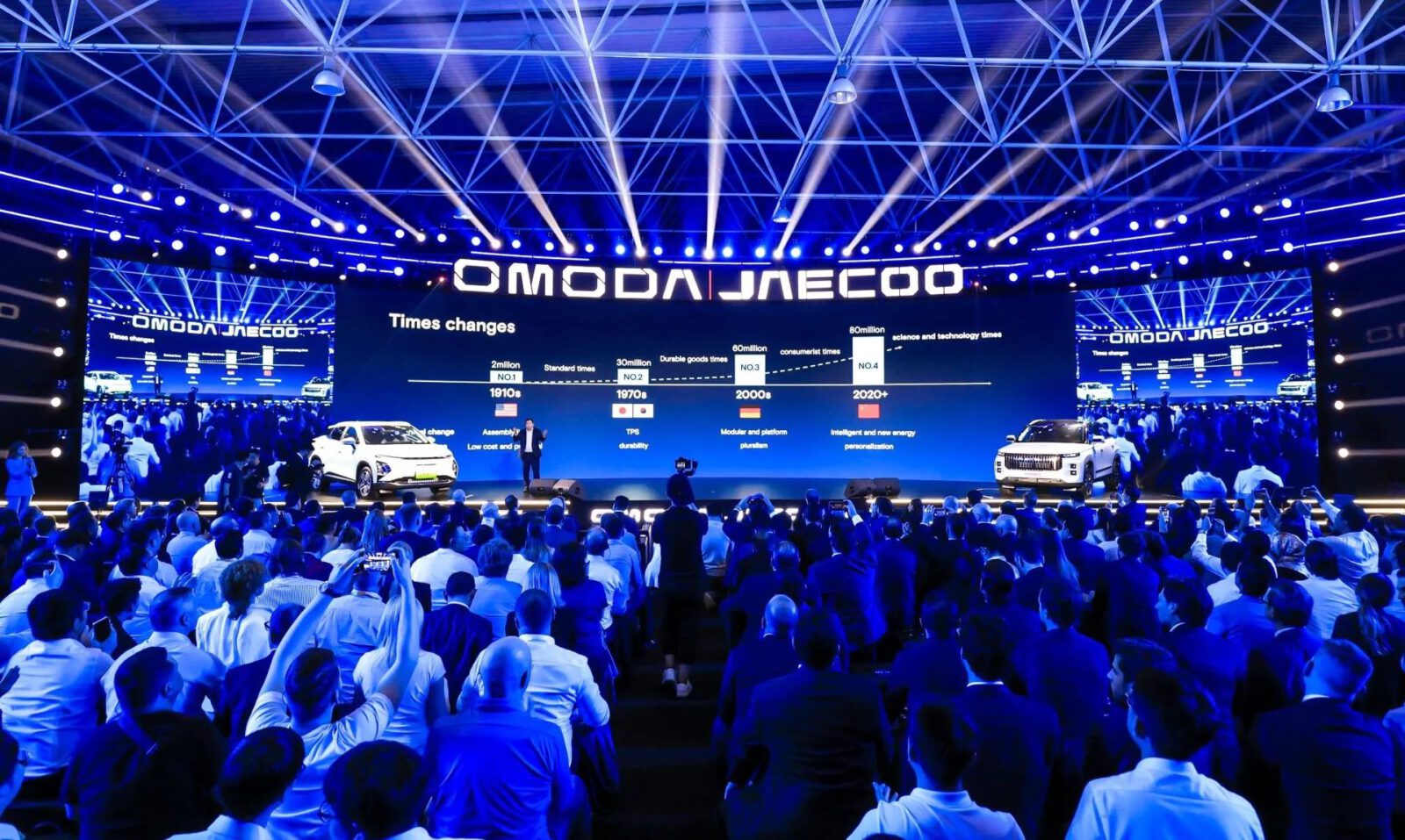 Een groot publiek bekijkt een presentatie in een moderne, blauw verlichte zaal. Op het scherm wordt het OMODA Jaecoo-logo en verschillende statistieken weergegeven. Op het podium staan twee auto's tentoongesteld.