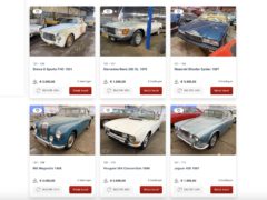 Een raster van zes klassieke auto's uit de Palmen Barnfind-collectie die te koop worden aangeboden op een online veiling, elk met gedetailleerde informatie, waaronder merk, model, jaar, huidig bod, aantal biedingen en resterende tijd.