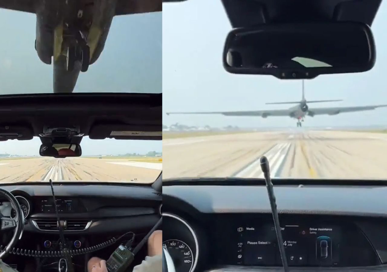 Twee afbeeldingen tonen het zicht vanuit een voertuig dat op een landingsbaan geparkeerd staat. Op de linkerafbeelding zijn een piloot en een controlepaneel zichtbaar, terwijl op de rechterafbeelding een vliegtuig verderop landt. Het is alsof een Alfa Romeo zich even op het asfalt waagt voor een spannende luchtvaartontmoeting.