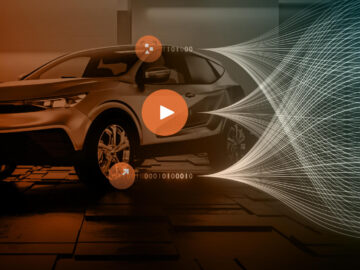 Er wordt een slanke, moderne auto met een afspeelknop-overlay getoond met datagolven die vanaf de zijkant stromen, wat de integratie van kunstmatige intelligentie en digitale technologie aangeeft.