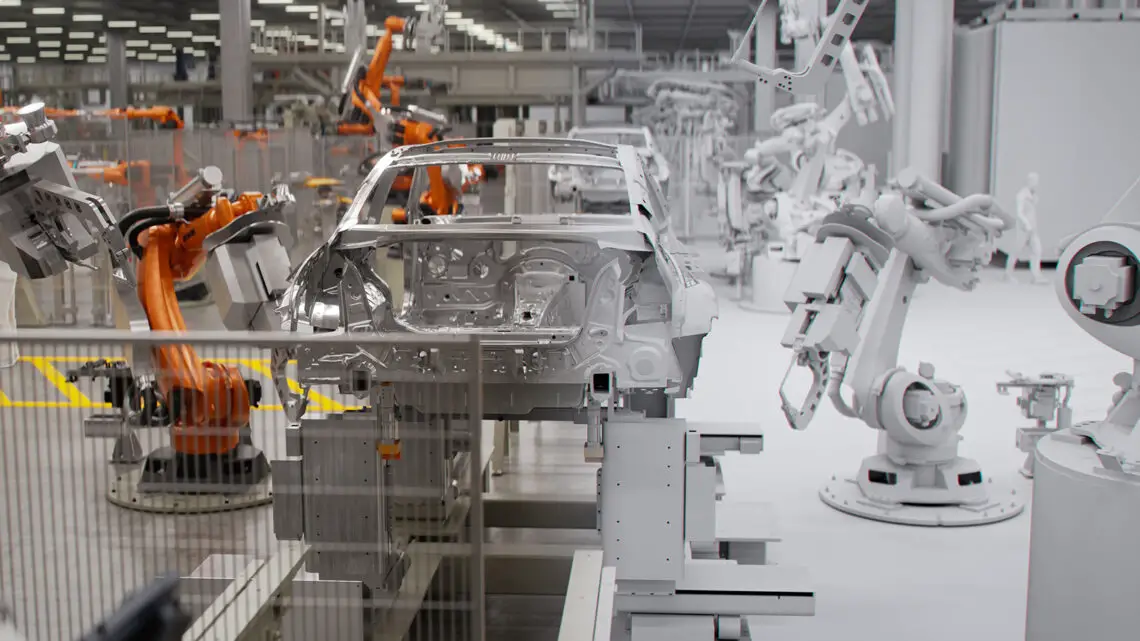 Een frame van de BMW 5 Serie wordt minutieus geassembleerd op een autoproductielijn, omringd door meerdere robotarmen in een industriële omgeving.