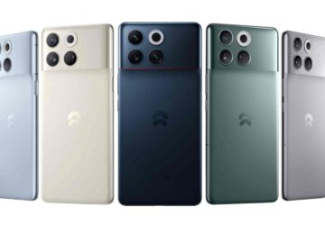 Een reeks van acht Nio-smartphones in verschillende kleuren, elk met een camerasysteem met meerdere lenzen aan de achterkant.