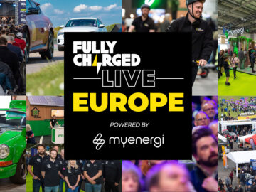 Collage van verschillende scènes tijdens het Fully Charged LIVE Europe-evenement in RAI Amsterdam in november, met mensen, elektrische auto's, tentoonstellingen en de centrale logotekst "Fully Charged Live Europe Powered by myenergi.