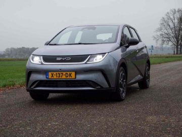 Een BYD-dolfijn met kenteken "X-137-DK" staat geparkeerd op een landelijke weg, omgeven door grasvelden en kale bomen.