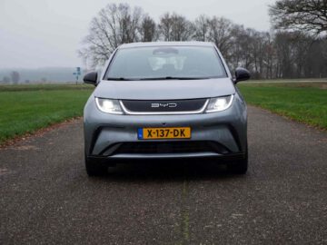 Op een landelijke weg staat een grijze BYD Dolphin elektrische auto met kenteken X-137-DK geparkeerd, met groen gras en kale bomen op de achtergrond.