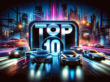 Neonverlichte stadsscène met futuristische auto's en een groot 'Top 10'-bord op de achtergrond, wat een opvallende esthetiek oproept die vaak te zien is in geavanceerde video's.