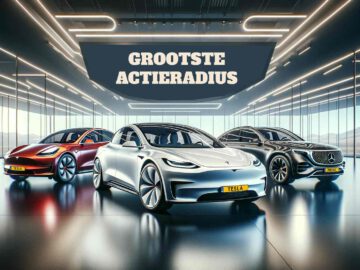 Drie elektrische auto's worden tentoongesteld in een moderne showroom met een bord boven de tekst "Grootste Actieradius." Tot de voertuigen, bekend om hun indrukwekkende actieradius, behoren twee Tesla-modellen en een Mercedes-Benz.