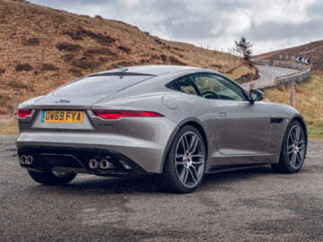 The rear of a silver Jaguar F-Type SVR sports car was spotted.