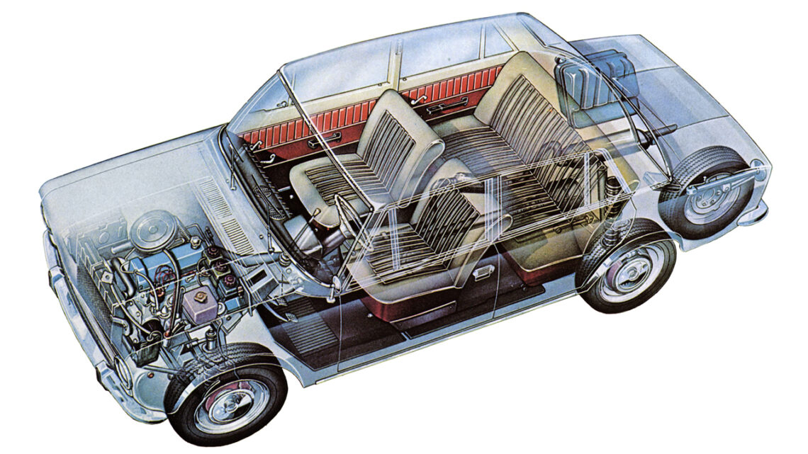 Illustration ouverte d'une Lada 1200 montrant l'aménagement intérieur et les composants du moteur.