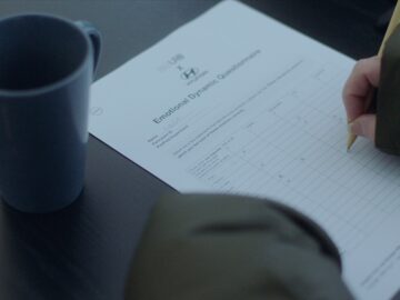 Een persoon vult met een potlood een ‘Emotionele Dynamische Vragenlijst’ in naast een blauwe koffiemok op een donkergekleurde tafel, terwijl hij droomt van de sensatie van het besturen van de Hyundai IONIQ 5 N.