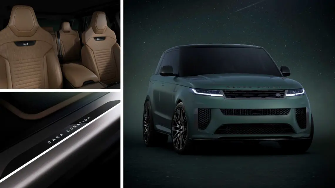 Een luxe Nieuwe Range Rover SUV met een strak exterieur, bruin lederen interieur en verlichte "Qatar Cup 2022" op de deurdrempel. Interieur- en exterieurkenmerken worden in afzonderlijke afbeeldingen uitgelicht, waardoor het lijkt alsof u op een andere planeet rijdt.