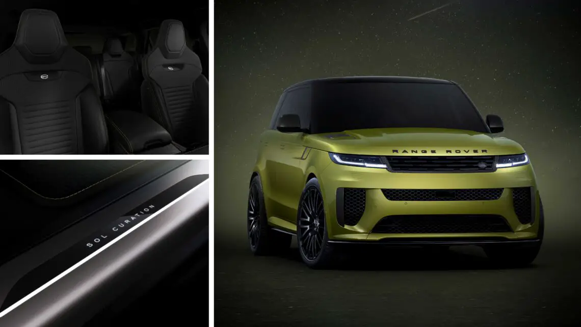 Collage des neuen Range Rover mit der Frontansicht, den Sitzen im Innenraum und einer Nahaufnahme der Türschwellerverkleidung mit dem Text 