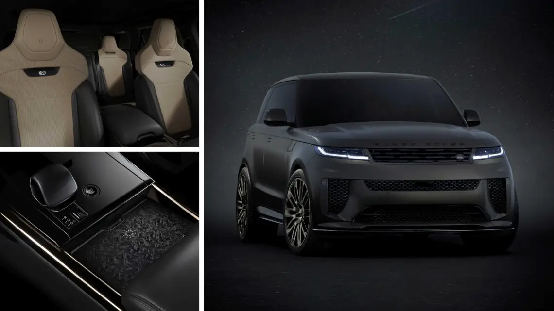 Er wordt een zwarte Range Rover SUV getoond met de nadruk op het strakke exterieur, de luxe beige en zwart lederen stoelen en de hightech interieurconsole – echt een voertuig van een andere planeet.