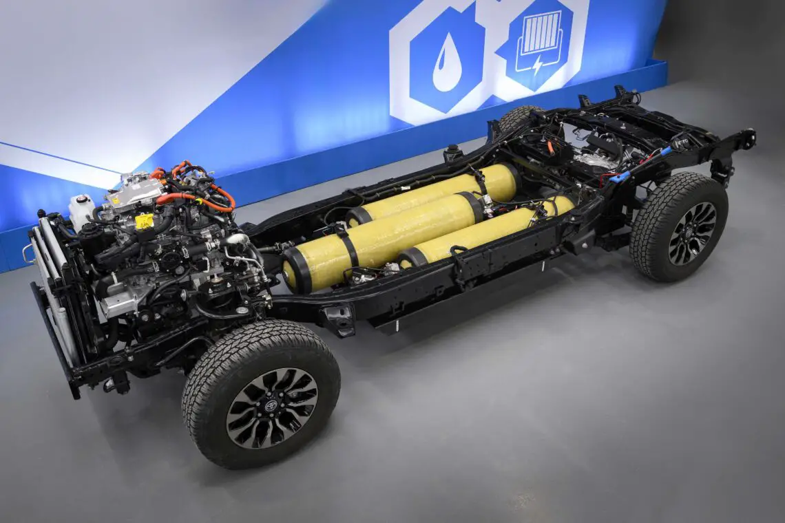 Un chasis desmontado del Toyota Hilux con un tren motriz de pila de combustible de hidrógeno visible, mostrando el motor, los depósitos de combustible y otros componentes, sobre un fondo azul y blanco con iconos técnicos.