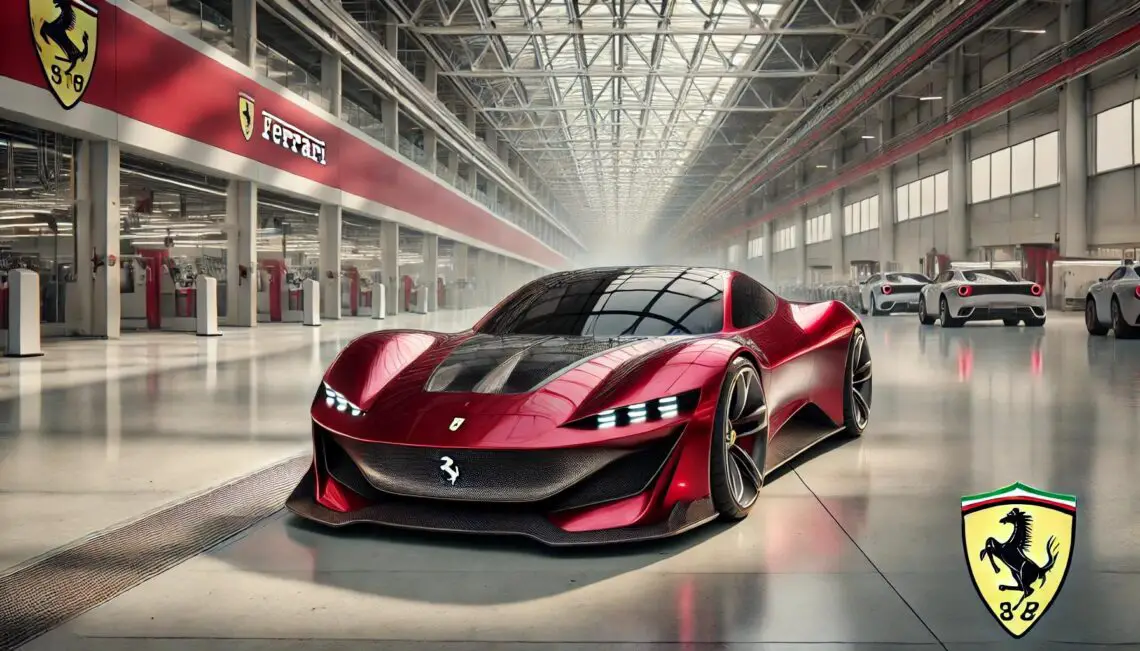 Ein roter Ferrari-Sportwagen steht in einer großen, gut beleuchteten Garage mit dem ikonischen Ferrari-Logo im Hintergrund.