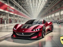 Een strakke rode Ferrari-sportwagen wordt tentoongesteld in een uitgestrekte, goed verlichte fabriek met andere voertuigen en het Ferrari-logo zichtbaar op de achtergrond, waarbij het prijskaartje het premium vakmanschap weerspiegelt.