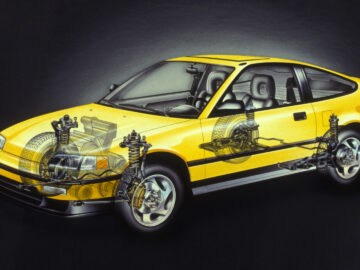 Illustration d'une Honda CR-X jaune dont la carrosserie est partiellement transparente, laissant apparaître les composants internes tels que le moteur, la suspension et le système de transmission.