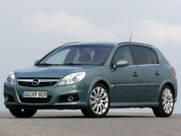 A green Opel Vectra station wagon was spotted parked on a flat lot under a cloudy sky. The vehicle, which resembles an Opel Signum, has a European license plate and silver alloy wheels.