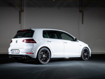 White four-door Volkswagen Golf GTI with black alloy wheels, parked inside against a plain background.