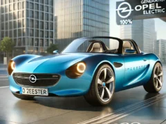 In een moderne stadsomgeving wordt een blauwe elektrische sportwagen Opel Speedster tentoongesteld met de tekst 