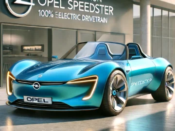 Een moderne, blauwe Opel Speedster-cabriolet geparkeerd voor een gebouw, met het spandoek "Nieuwe Generatie Opel Speedster 100% elektrische aandrijflijn".