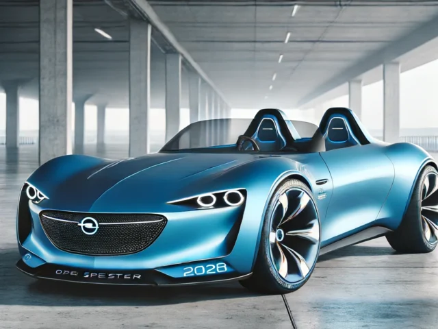 Een strakke blauwe sportwagen met een futuristisch ontwerp en LED-koplampen staat geparkeerd in een moderne, betonnen garage. Op de auto, onderdeel van de nieuwe generatie, staan '2028' en 'Opel Speedster (RETROWEEK)' geschreven.